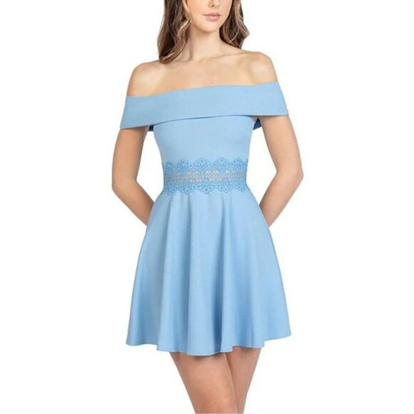 B. Darlin Dresses & Skirts - B. Darlin Sz 3/4 Fit Flare Dress Baby Blue Off Shoulder Crochet Special Occasion